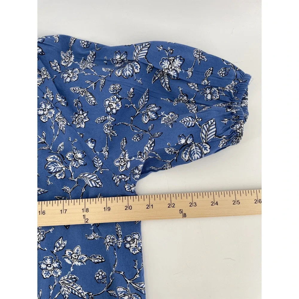 LOFT Floral Top Womens Small Blue Cottage Country Western Boho Puff Sleeve NEW